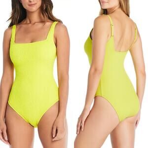 Bleu Rod Beattie Ribbed Square Neck One-Piece Swimsuit Yellow Women's 14 NWT